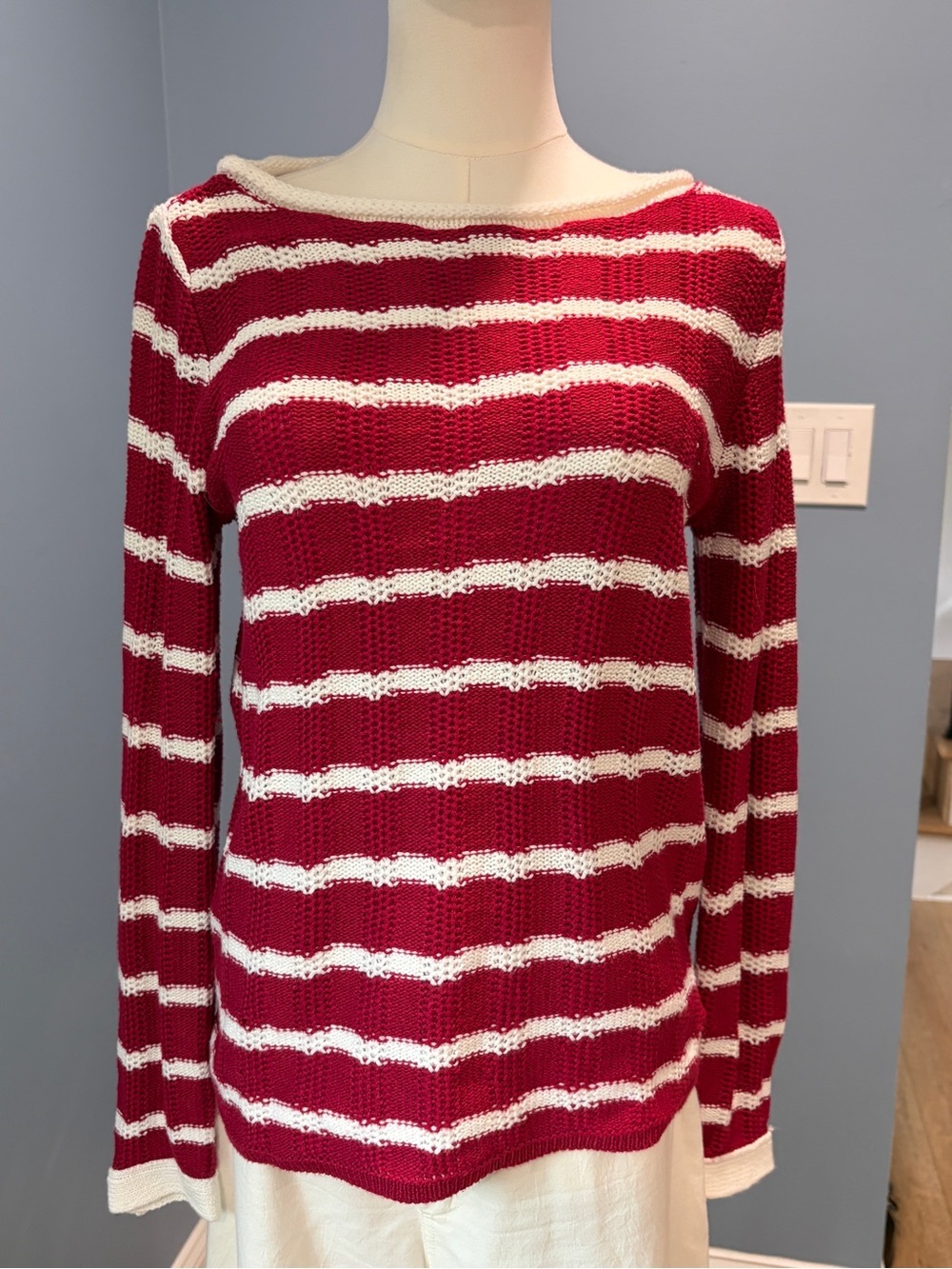 Jones New York Signature Red White Striped Open Knit Sweater Small Boat Neck